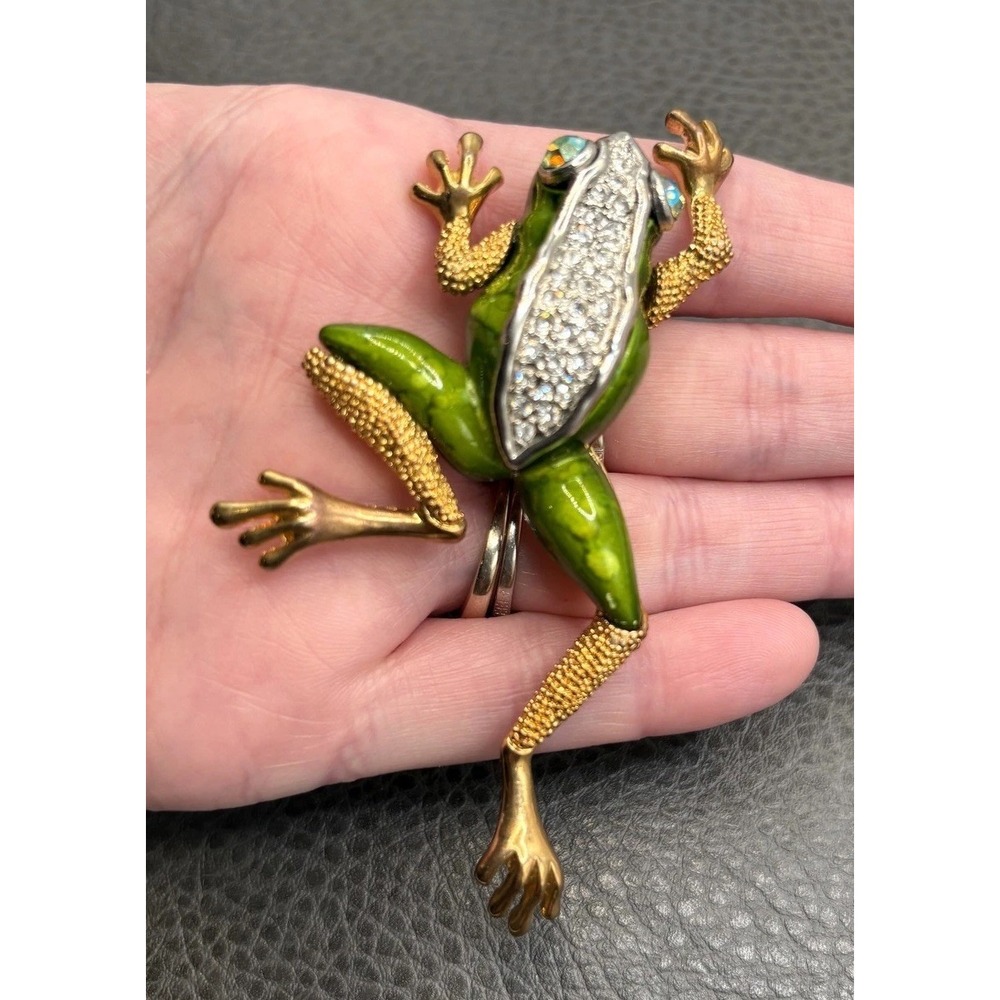 VTG HUGE Green Glass Frog Brooch AB Rhinestone Crystal Eyes Gold Tone Statement